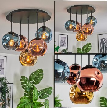 Ripoll ceiling light, globe light blue, gold, coppery, 5-light sources