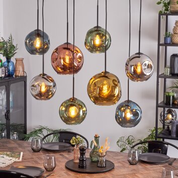 Ripoll hanging light, globe light, pendant light blue, chrome, gold, green, coppery, Smoke-coloured, 8-light sources