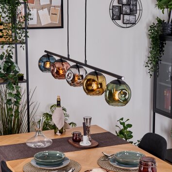Ripoll hanging light, globe light, pendant light blue, chrome, gold, green, coppery, Smoke-coloured, 5-light sources
