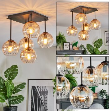 Koyoto ceiling light, globe light Amber, clear, 5-light sources