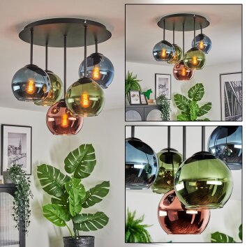 Koyoto ceiling light, globe light 45 cm blue, green, coppery, 5-light sources