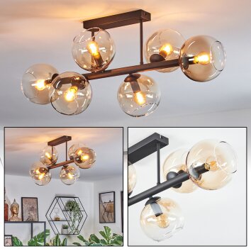 Koyoto ceiling light, globe light Amber, clear, 6-light sources