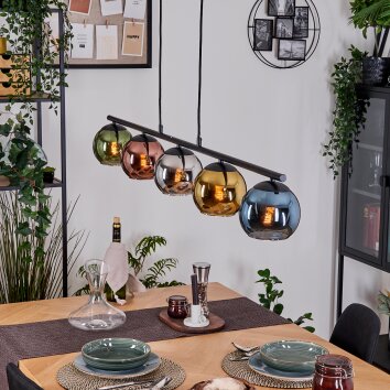 Koyoto hanging light, globe light, pendant light blue, chrome, gold, green, coppery, Smoke-coloured, 5-light sources