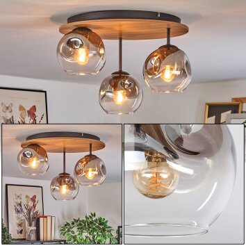 Ripoll ceiling light, globe light brown, Wood like finish, black, 3-light sources