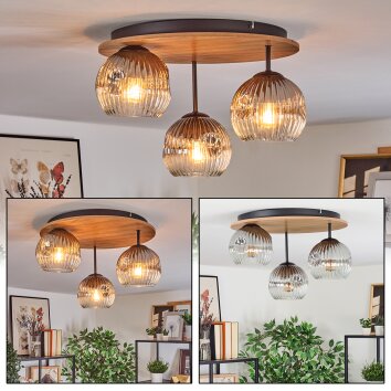 Ripoll ceiling light, globe light brown, Wood like finish, black, 3-light sources