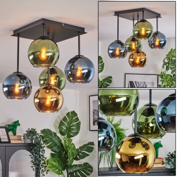 Koyoto ceiling light, globe light blue, gold, green, 5-light sources