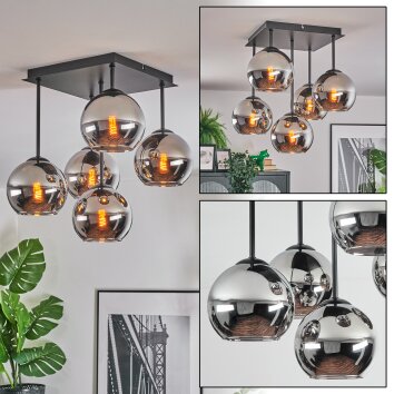 Koyoto ceiling light, globe light chrome, Smoke-coloured, 5-light sources