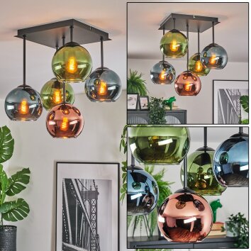 Koyoto ceiling light, globe light 37 cm blue, green, coppery, 5-light sources