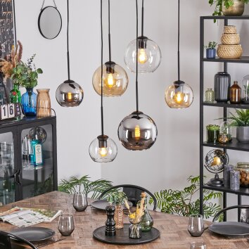 Koyoto hanging light, globe light, pendant light Amber, chrome, clear, Smoke-coloured, 6-light sources