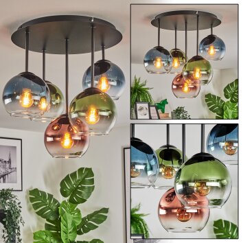 Koyoto ceiling light, globe light blue, green, clear, coppery, 5-light sources