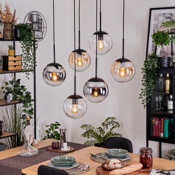 Gastor hanging light, globe light, pendant light Amber, chrome, clear, Smoke-coloured, 6-light sources