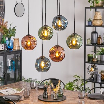 Ripoll hanging light, globe light, pendant light blue, green, coppery, 6-light sources