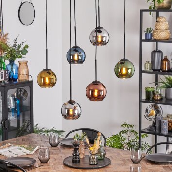 Koyoto hanging light, globe light, pendant light blue, chrome, gold, green, coppery, Smoke-coloured, 6-light sources