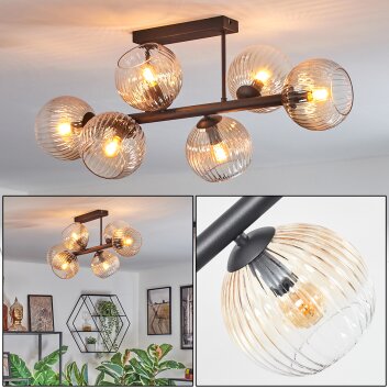 Koyoto ceiling light, globe light Amber, clear, 6-light sources