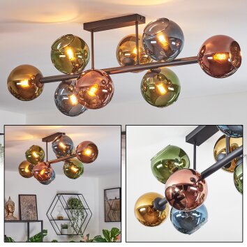 Koyoto ceiling light, globe light blue, gold, green, coppery, 8-light sources