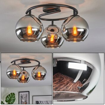 Koyoto ceiling light, globe light chrome, Smoke-coloured, 3-light sources