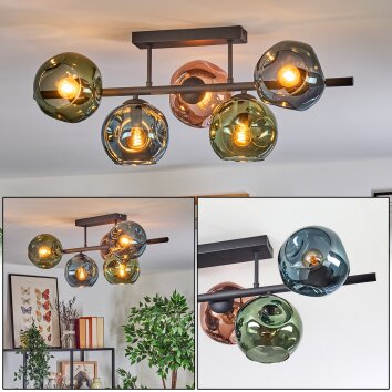 Ripoll ceiling light, globe light blue, green, coppery, 5-light sources