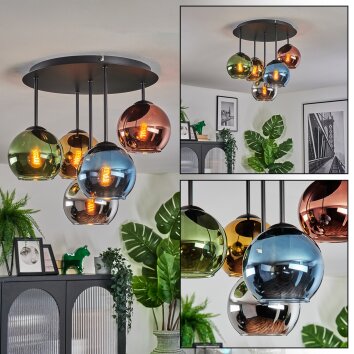 Koyoto ceiling light, globe light 45 cm blue, chrome, gold, green, coppery, Smoke-coloured, 5-light sources