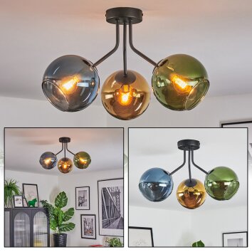 Koyoto ceiling light, globe light blue, gold, green, 3-light sources