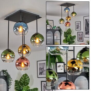 Koyoto ceiling light, globe light blue, gold, green, clear, coppery, 5-light sources
