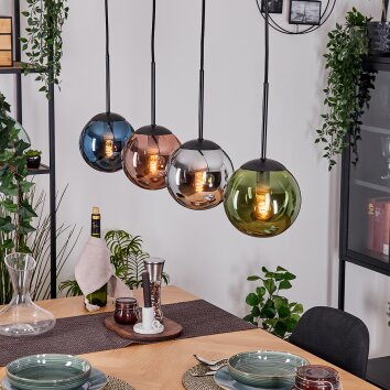Gastor hanging light, globe light, pendant light blue, chrome, green, coppery, Smoke-coloured, 4-light sources