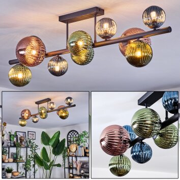 Chehalis ceiling light, globe light blue, green, coppery, 10-light sources