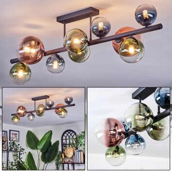 Chehalis ceiling light, globe light blue, green, clear, coppery, 10-light sources
