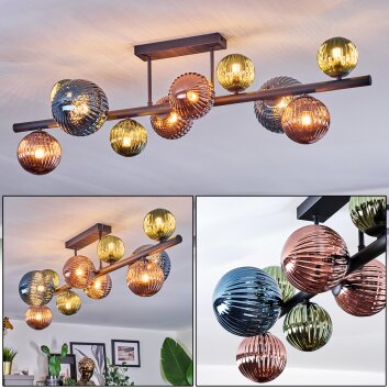 Chehalis ceiling light, globe light blue, green, coppery, 10-light sources