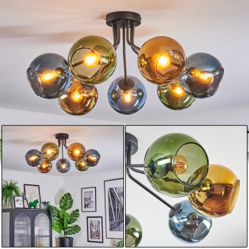 Koyoto ceiling light, globe light 82 cm blue, gold, green, 7-light sources
