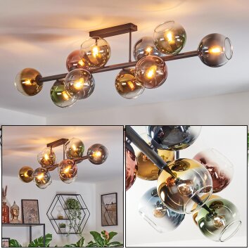 Koyoto ceiling light, globe light blue, gold, green, clear, coppery, 10-light sources