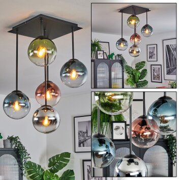Gastor ceiling light, globe light blue, chrome, green, clear, coppery, Smoke-coloured, 5-light sources