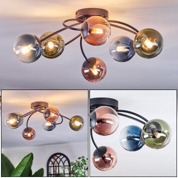 Chehalis ceiling light, globe light blue, green, clear, coppery, 6-light sources