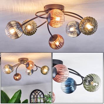 Chehalis ceiling light, globe light 56 cm blue, green, clear, coppery, 6-light sources