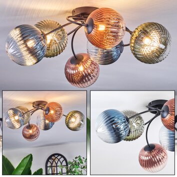 Chehalis ceiling light, globe light 64 cm blue, green, clear, coppery, 6-light sources