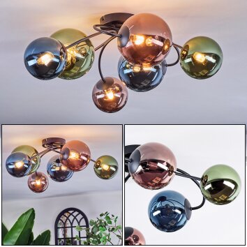 Chehalis ceiling light, globe light blue, green, coppery, 6-light sources