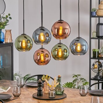 Koyoto hanging light, globe light, pendant light blue, green, coppery, 6-light sources