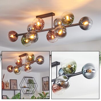 Gastor ceiling light, globe light blue, chrome, green, clear, coppery, Smoke-coloured, 10-light sources