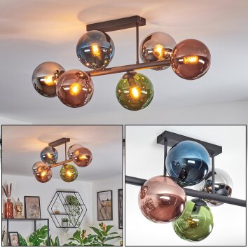 Gastor ceiling light, globe light blue, chrome, green, coppery, Smoke-coloured, 6-light sources