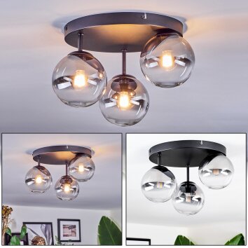 Chehalis ceiling light, globe light 30.5 cm clear, Smoke-coloured, 3-light sources