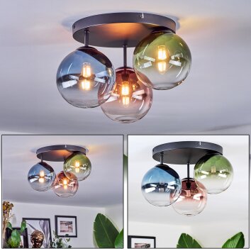 Chehalis ceiling light, globe light 33.5 cm blue, green, clear, coppery, 3-light sources