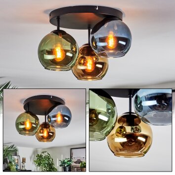 Koyoto ceiling light, globe light 30 cm blue, gold, green, 3-light sources