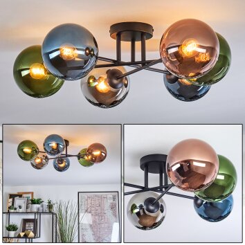 Gastor ceiling light, globe light 62 cm blue, chrome, green, coppery, Smoke-coloured, 6-light sources