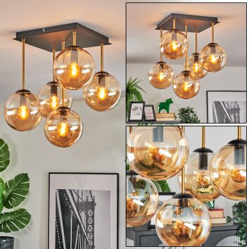 Gastor ceiling light, globe light gold, black, 5-light sources