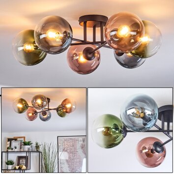 Gastor ceiling light, globe light 62 cm blue, green, clear, coppery, 6-light sources