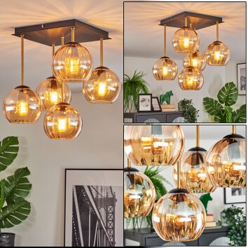 Gastor ceiling light, globe light gold, black, 5-light sources