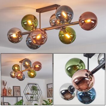 Gastor ceiling light, globe light blue, chrome, green, coppery, Smoke-coloured, 8-light sources