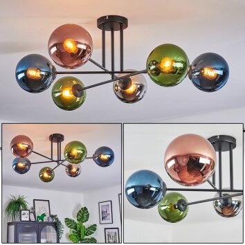 Gastor ceiling light, globe light 80 cm blue, chrome, green, coppery, Smoke-coloured, 6-light sources
