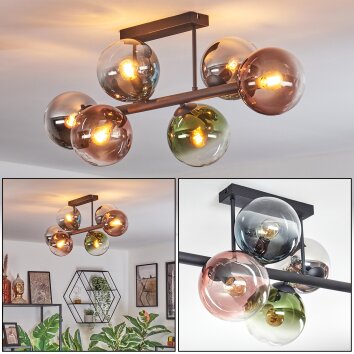 Gastor ceiling light, globe light blue, chrome, green, clear, coppery, Smoke-coloured, 6-light sources