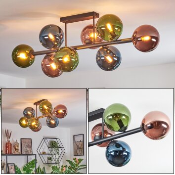 Gastor ceiling light, globe light blue, green, coppery, 8-light sources