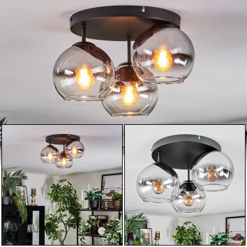 Koyoto ceiling light, globe light chrome, clear, Smoke-coloured, 3-light sources